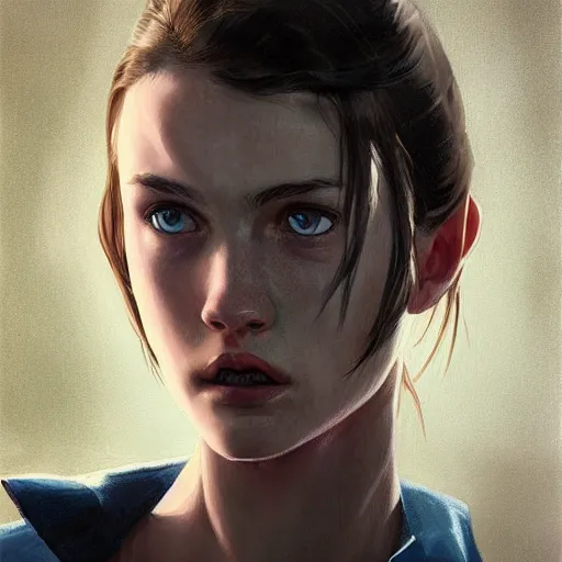 Image similar to portrait of a brunette thin teenager girl with blue eyes wearing school uniform in fallout, light stubble, digital art,photorealistoc,art by greg rutkowski,hyperdetailed,western comic style,comic,comic style,sharp lineart,professional lighting,deviantart,artstation,trevor henderson,rossdtaws,cinematic,dramatic