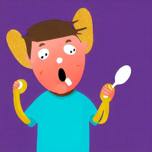 Prompt: happy boy holding a spoon on his nose, illustration,, high detail, cheerful colours