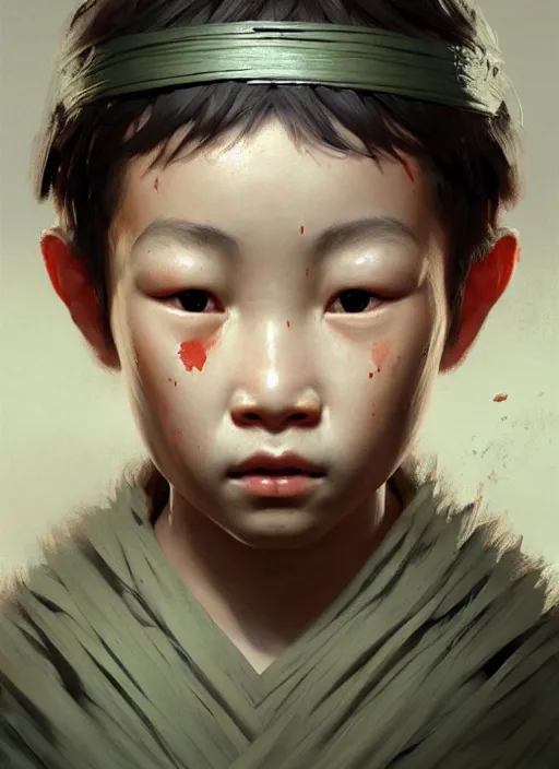 Image similar to a portrait of an oriental sage child with an enormously large head, an ancient pale sage child with subtle paint on face, highly detailed, digital painting, artstation, concept art, intricate, elegant, smooth, sharp focus, art by wlop, mars ravelo and greg rutkowski and craig mullins