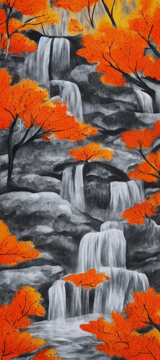 Prompt: an endless waterfall, orange colour splash, autumn, painted with a thick brush, detailed sumi - e illustration