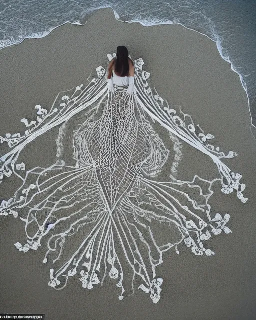 Image similar to a woman standing on a beach, made of intricate decorative lace leaf skeleton, shot from a drone, in the style of the dutch masters and gregory crewdson, dark and moody