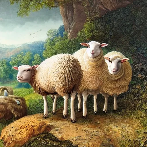 Prompt: three sheep in a wonderful nature scene, beautiful, intricate, hyper detailed, painting