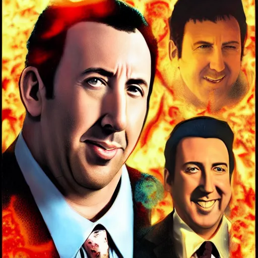 Prompt: Adam Sandler, catching Nicholas Cage, in a lava lamp, Trending on Artstation, Hiroaki Tsutsumi style