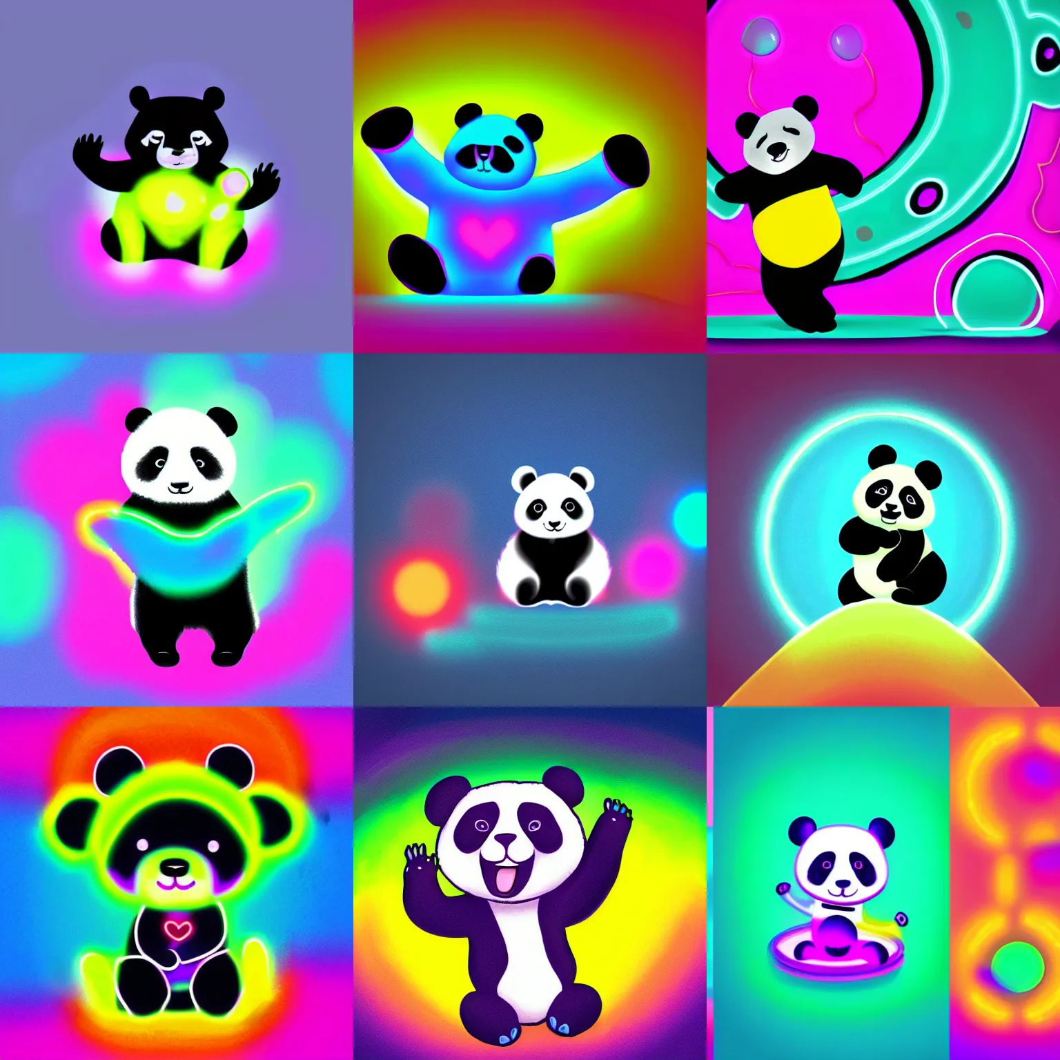 Prompt: cute panda levitating, neon retro colours, glowing background, digital painting
