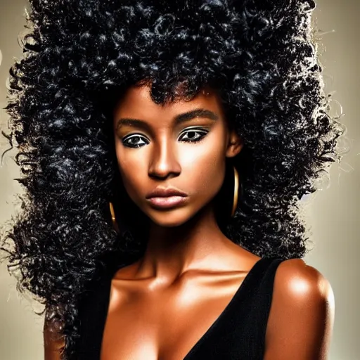 Image similar to close up of a black female fashion model with huge hair in year 3000 with edgy robotic black dress, photography , official versace editorial , highly detailed