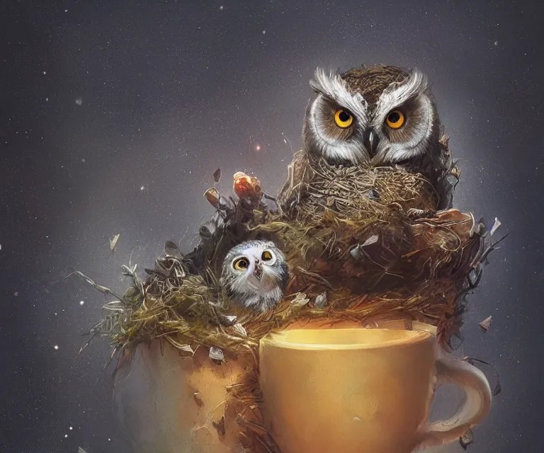 Image similar to long shot of a very cute owl chick nesting in a very futuristic cup, esao andrews, humorous illustration, hyperrealistic, big depth of field, warm colors, night scenery, low light, 3 d octane render, 4 k, conceptart, hyperdetailed, hyperrealistic, trending on artstation