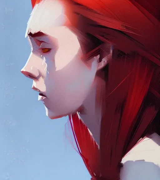 Prompt: realistic female portrait with long red hair, by atey ghailan, by greg rutkowski, by greg tocchini, by james gilleard, by joe fenton, by kaethe butcher, dynamic lighting, gradient light blue, brown, blonde cream and white color scheme, grunge aesthetic