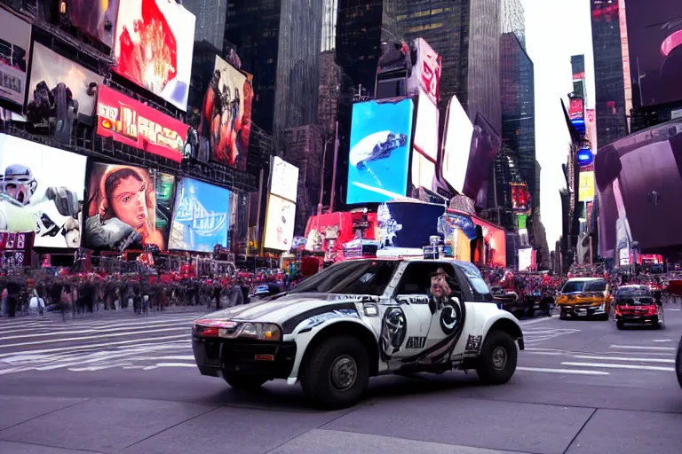 Image similar to Cinematography of a star wars pod racing in times square in new york by Emmanuek Lubensky. Sebulba pod. Anakin skywalker pod