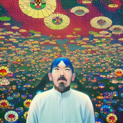 Image similar to a man walking on clouds away from the camera above kyoto by takashi murakami, beeple and james jean, aya takano color style, 4 k, super detailed, modern, 4 k, symmetrical