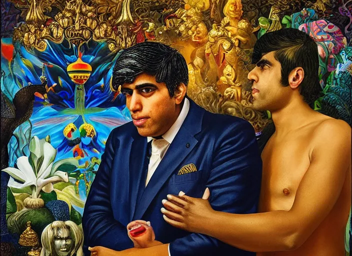 Image similar to rishi sunak and boris johnson in heaven, abstract oil painting by gottfried helnwein pablo amaringo raqib shaw zeiss lens sharp focus high contrast chiaroscuro gold complex intricate bejeweled