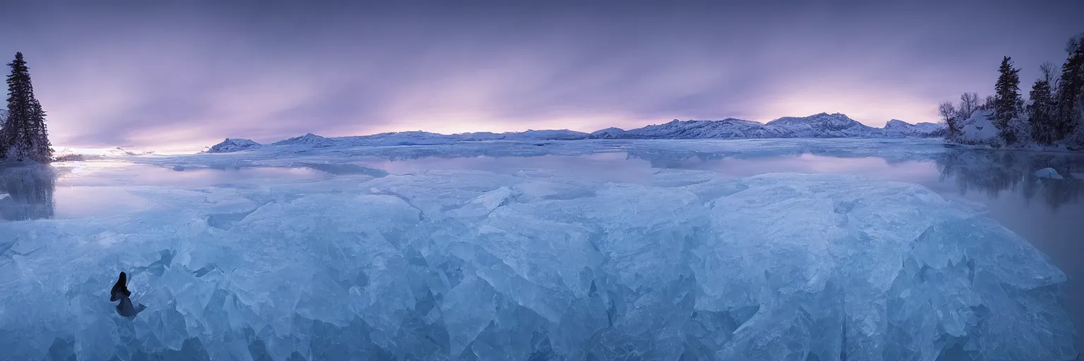 Prompt: photo of a Frozen Human Giant stuck under the ice transparent frozen lake at sunset by marc adamus beautiful dramatic lighting