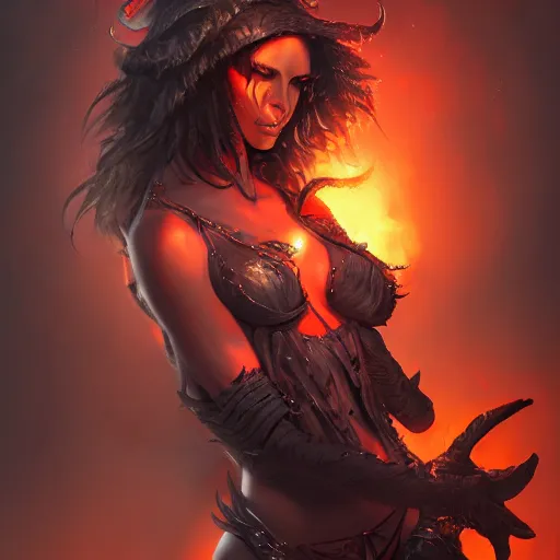 Prompt: hyper detailed concept art of the devil as a hot female, 4 k, hell, dark lighting, fire, blood, illustration, featured on art station, masterpiece, full body portrait by steve henderson