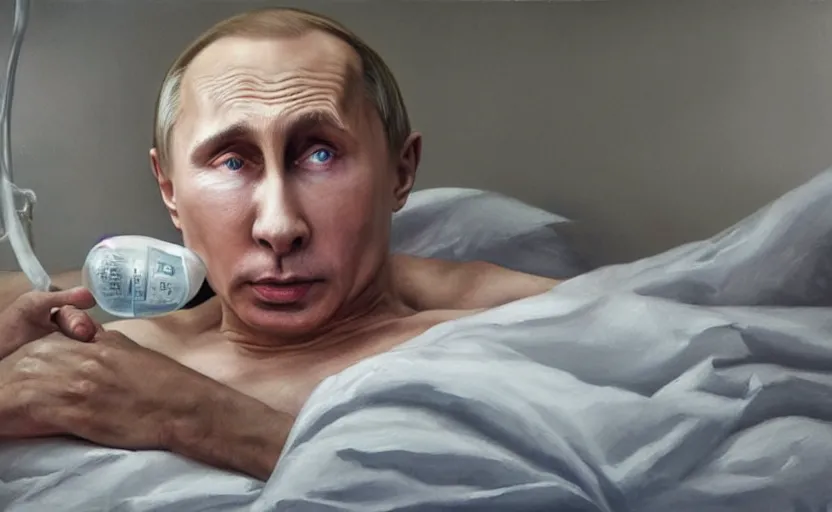 Image similar to hyperrealistic painting of very ill Vladimir Putin as a patient wearing an oxygen mask on a death bed inhaling from Copium tank that stand near his bed, stunning 3d render inspired art by Tim Okamura and Lise Deharme, perfect facial symmetry, dim volumetric lighting, 8k octane beautifully detailed render, post-processing, extremely hyperdetailed, intricate, epic composition, grim yet sparkling atmosphere, cinematic lighting + masterpiece, trending on artstation, very very detailed, masterpiece, stunning