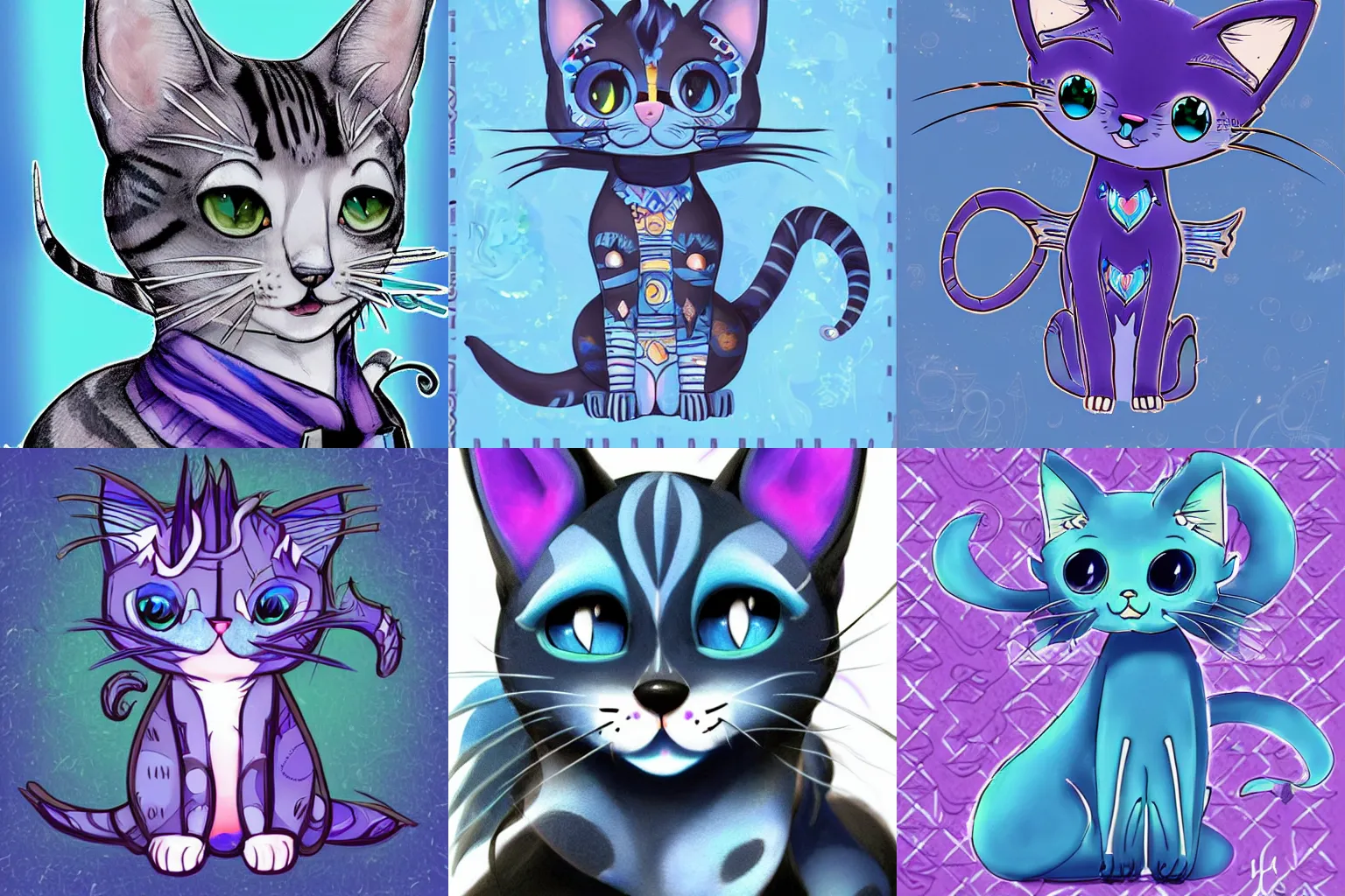Prompt: furry anthro cat adoptable design, deep sea themes, blue and silver colors, high contrast, long tails, big ears, intricate patterns, character design, concept art, symmetrical, front view, art style is Lisa Frank, popular characters like on Toyhouse, Twitter, Deviantart, Artstation,