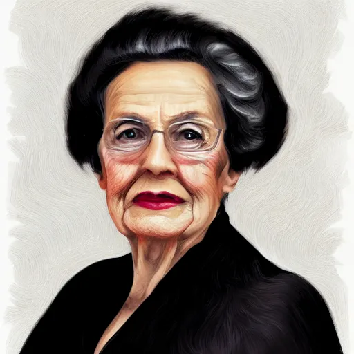 Prompt: a digital portrait of a 95 year old with black hair,hazel green eyes, drawn in the style of mark Arian