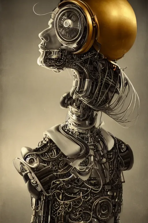 Image similar to a beautiful ultradetailed vintage photo of a futuristic cybernetic cyborg male wearing a tall white chef hat and an apron, by tom bagshaw and natalie shau, portrait, 3 5 mm lens, golden ratio composition, detailed face, studio photography, very detailed, humanoids, industrial robots, artstation, 8 k, highly coherent