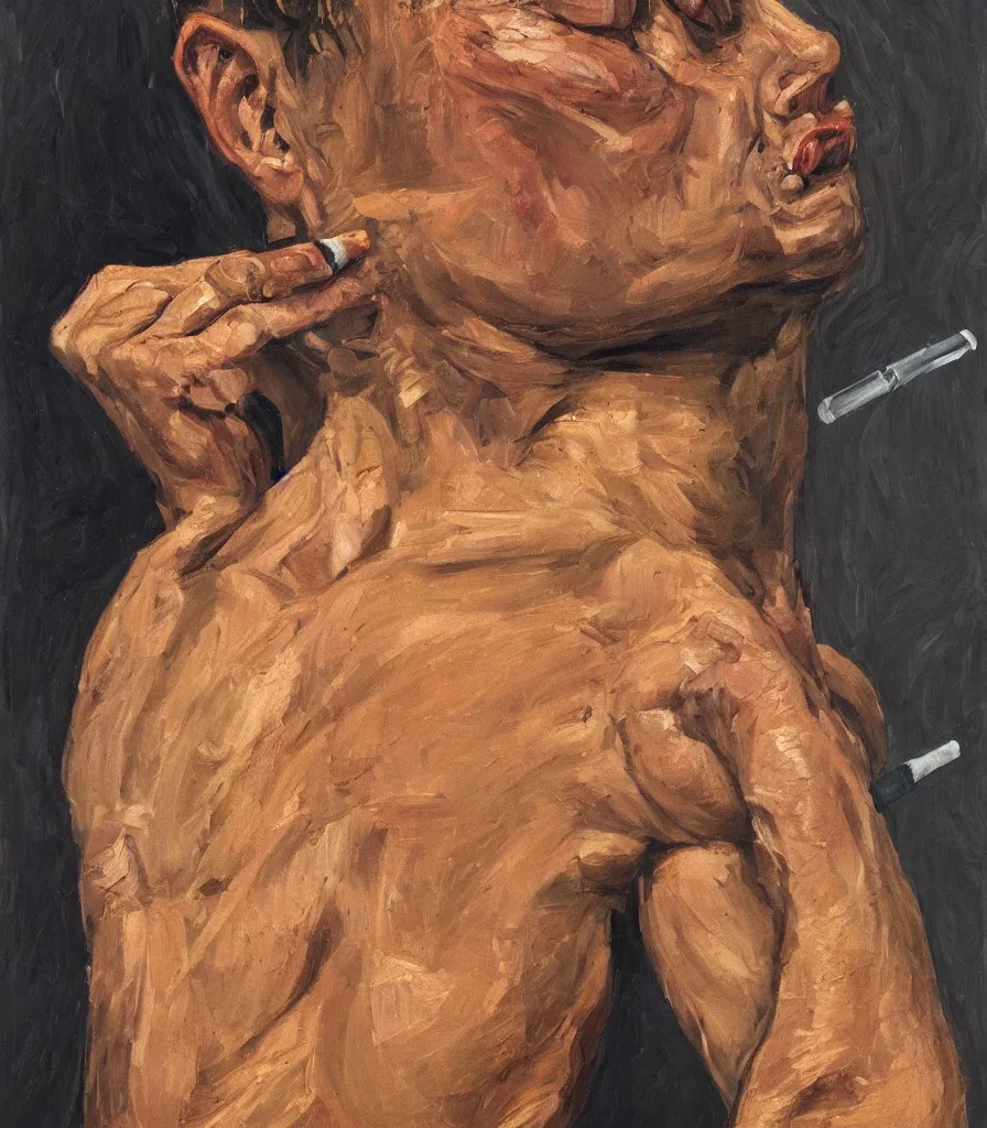 Prompt: the face and shoulders of a young politican without shirt in the style of lucian freud. smoking a cigarette. one hand is reaching behind he head. face has many wrinkles, cuts and character. he is looking down. oil painting, thick brush strokes. shadows. clean gray brown background. lit by a single light from above his head. perspective from below. 5 0 mm