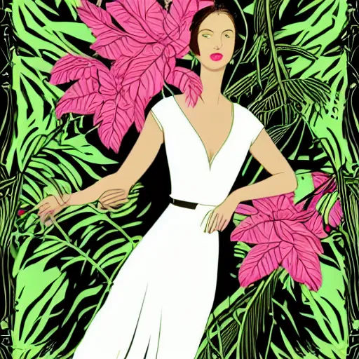 Prompt: elegant woman, white dress, dense jungle, trees, huge flowers, risograph!, omnious, dark, oldschool vintage sci - fi flat surreal design, super - detailed, art nouveau, hd, 4 k, high quality