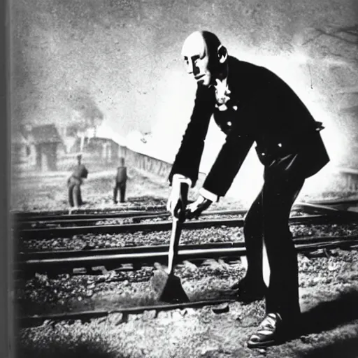 Image similar to vintage photograph of count orlok swinging a hammer over his head, working on the railroad