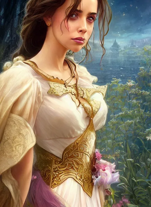 Image similar to beautiful young eliza dushku as princess disney, closeup, d & d, fantasy, intricate, elegant, highly detailed, digital painting, artstation, concept art, matte, sharp focus, illustration, art by artgerm and greg rutkowski and alphonse mucha