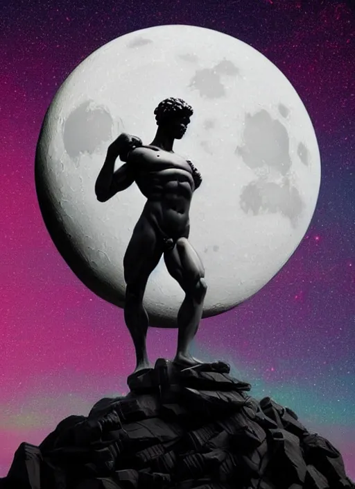 Prompt: statue of atlas, moon in the background, beeple, vaporwave, retrowave, futurism, black background, neon wiring, black, glitch, strong contrast, cuts, pinterest, trending on artstation