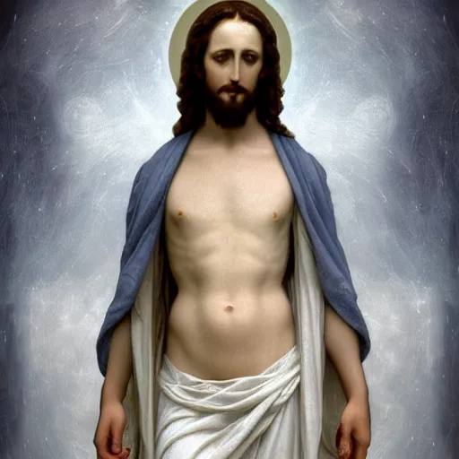 Image similar to beautiful centered fine art photo of jesus christ as a solarpunk robotic humanoid, white mechanical parts with led lights, bouguereau style pose, photorealistic, white background, highly detailed and intricate, soft box lighting, hdr 8 k