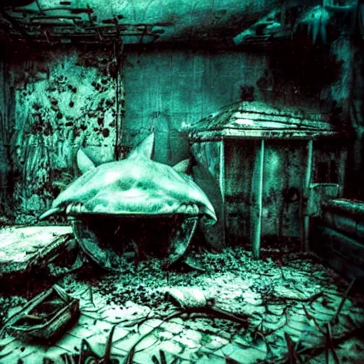 Image similar to abandoned rusty underwater theme park, surreal, horror, eerie, creepy, murky water, underwater, underwater photography, dark, submechanophobia, distant shark,