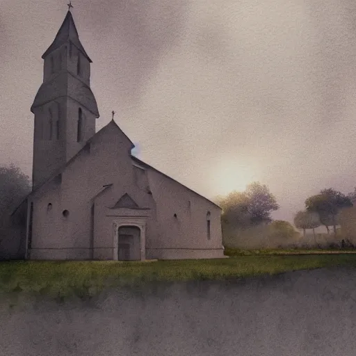 Image similar to realistic extremely detailed watercolor painting portrait of church, dusk, elegant, moody muted colors, Paul klee, octane render, 4k