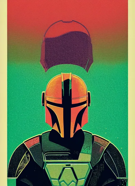 Image similar to ( ( dither ) ), super cannabis!!!!!! editorial illustration portrait of mandalorian, modern art deco, colorful, ( ( mads berg ) ), christopher balaskas, victo ngai, rich grainy texture, detailed, dynamic composition, wide angle, moebius, matte print, linocut wood block print