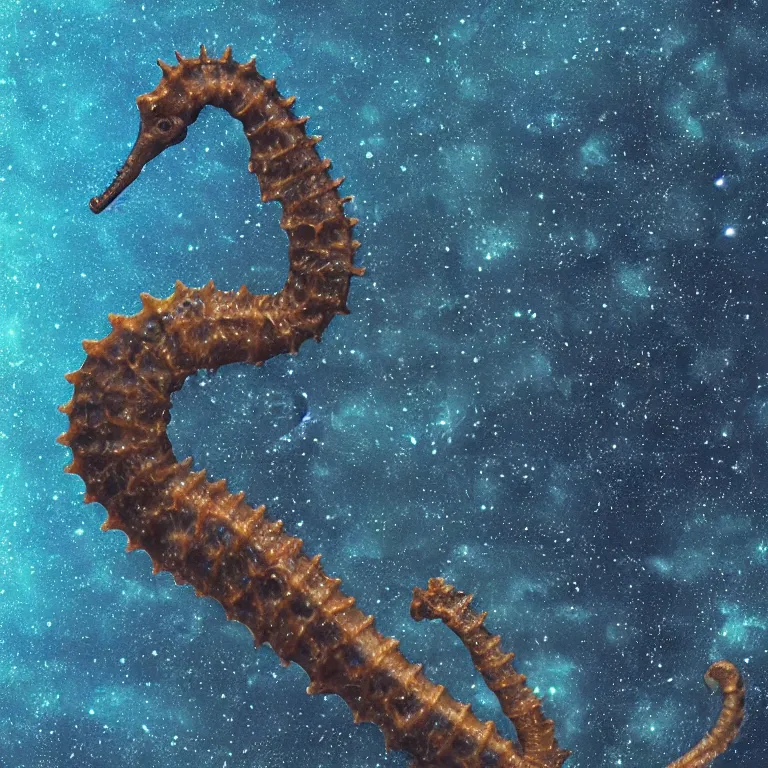 Prompt: an extremely detailed telescope photograph of a tiny short seahorse by hr giger. anatomically perfect seahorse, in the center of the frame. full seahorse is visible in frame. intricate detail of the head. space nebulas blurred in the background. full colour. trending on artstation, impressive lighting, glissening texture, 8 k octane render