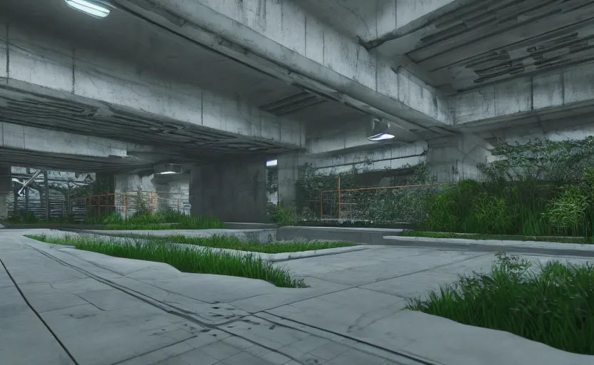 Image similar to screenshot of game on unreal engine 5, in a liminal underground garden, photorealistic, retrofuturism, brutalism, staggered terraces, minimalist, soft vintage glow