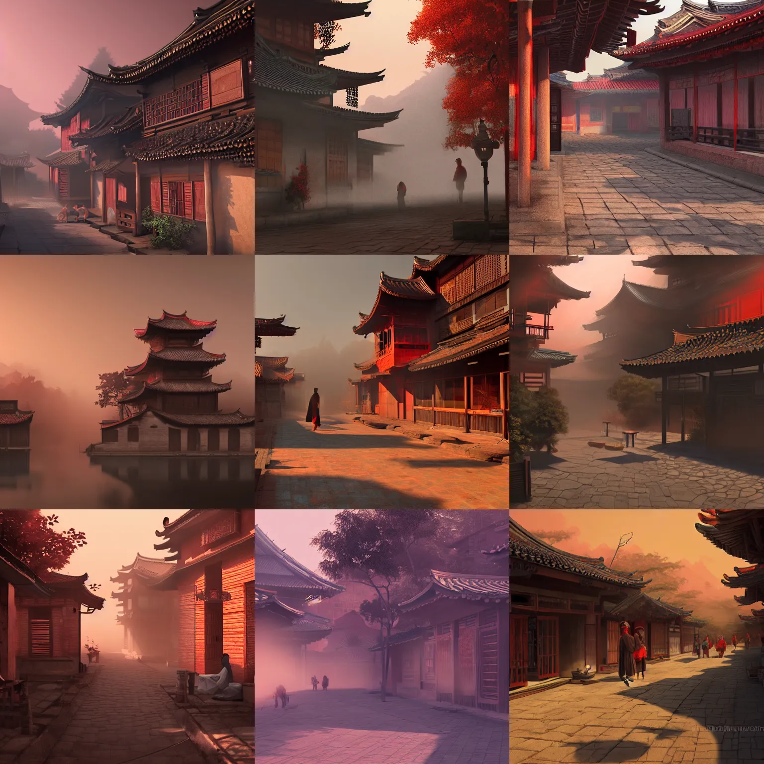 Prompt: old asian village, early red sunlight, contrast shadows, mist, fog, detailed, photorealistic, artstation