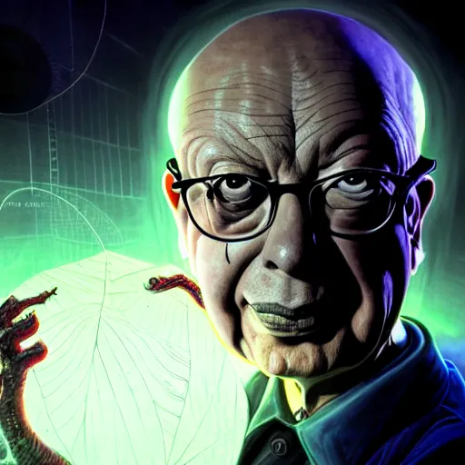 Image similar to uhd photorealistic dark scifi illustration of klaus schwab, reading necronomicon wearing bizarre voodoo makeup. cinematic lighting, in the style of akira toriyama, beksisnski, amano and karol bak, scifi, fantasy, hyperdetailed.