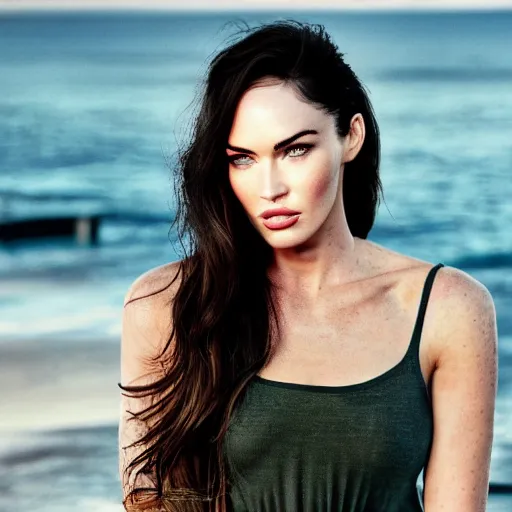 Image similar to megan fox still, natural light failling on her face, backlingtning, golden hour, medium - shot, fujifilm x - pro 2, by annie leibowitz