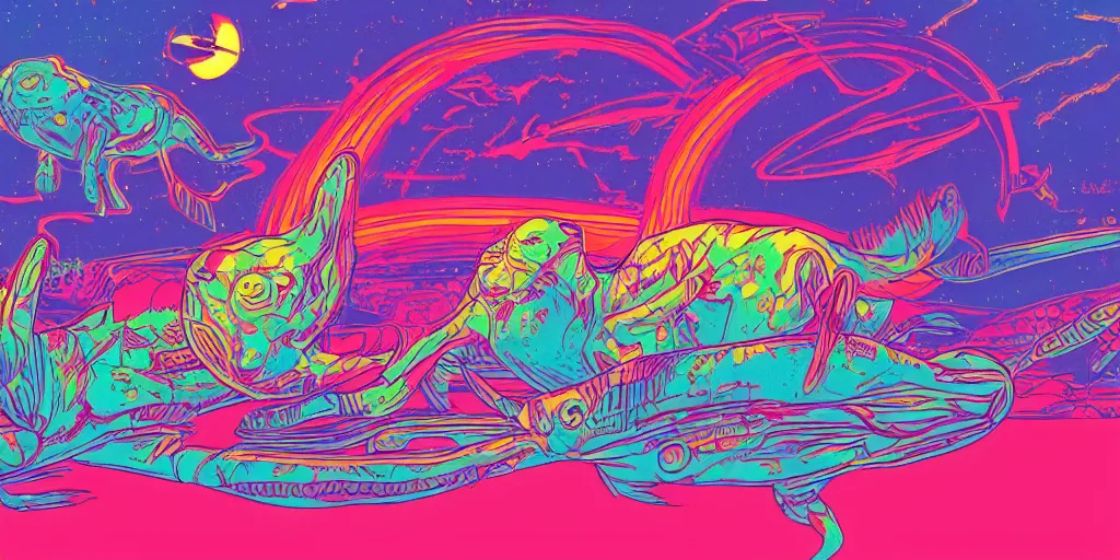 Prompt: risograph of electric cats that fly over ice, a lot of glass around, shrimps are all over the ground, psychedelic hallucinations, martian heat, by moebius, colorful flat surreal design, hd, 8 k, artstation