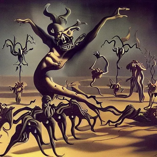 Prompt: oil matte painting, scary demons dancing in a techno rave, sharp focus, dramatic lighting, 8 k art, salvador dali