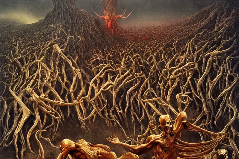 Image similar to ultra-detailed painting by zdzisław beksiński of blood lord fighting black angel made out of bones in the battle between blood humans and undead elves in the bone valley, hd, 8k, ultra-detailed