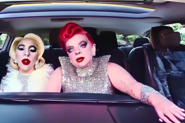 Image similar to lady gaga and judy garland doing carpool karaoke, lady gaga and judy garland, carpool karaoke, lady gaga, judy garland, carpool karaoke, youtube video screenshot, the late late show with james corden