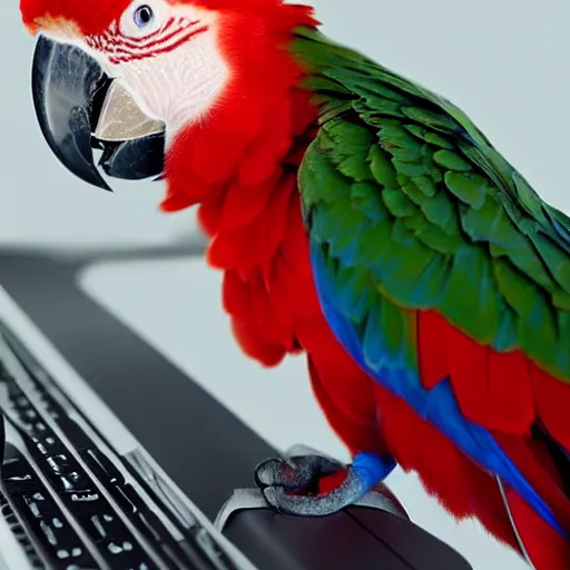 Image similar to “scarlet macaw typing on a keyboard with its beak, hd, photorealistic”