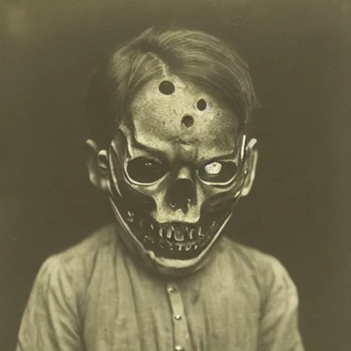 Prompt: child wearing a halloween mask in 1 9 0 0, photograph, style of atget, creepy, atmospheric, unsettling