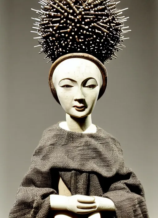 Prompt: realistic photo of a a medieval wooden girl doll sculpture dressed white spherical hat helmet, covered in spikes pattern, black brushwood, greyscale grain 1 9 6 0, life magazine photo, natural colors, metropolitan museum, kodak