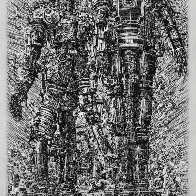 Image similar to A detailed engraving of a giant hindu robot god in the style of virgil finlay. (1955)