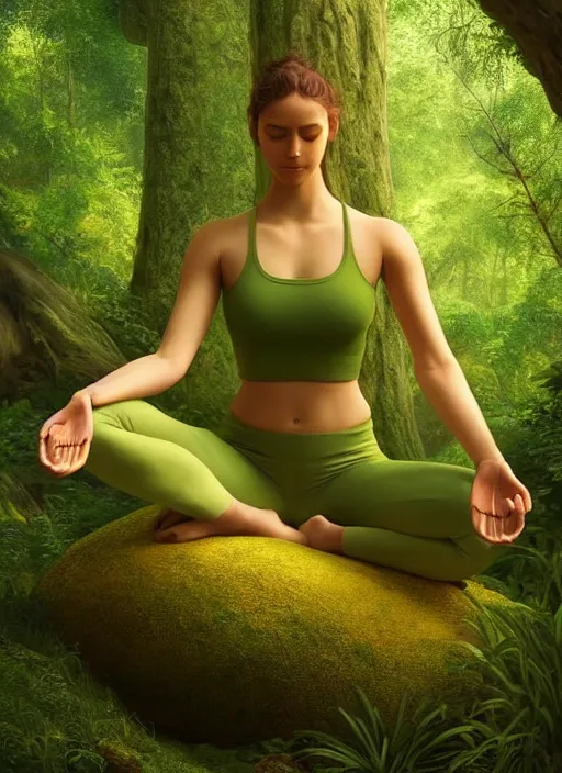 Photo of young woman in long green dress doing yoga in forest Stock Photo -  Alamy