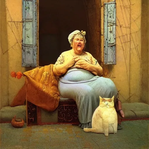 Prompt: a sweet fat old happy woman with a cat on her head. an artistic and poetic scene. jean - leon gerome, orientalism, academicism, angel, beautiful, highly detailed, color harmony, octane render, ornate, paul klee, flowers, window, zbrush, realism, darkness, alchemical, style of moebius