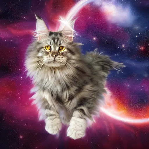 Prompt: A fluffy Maine Coon travelling through space. High resolution. Highly detailed. Art station. 8k