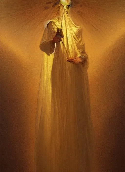 Prompt: a silhouette dressed with a shroud wearing a golden mask, by jean delville and sophie anderson and mandy jurgens, golden ratio, perfect composition, elegant, no crop, extremely detailed, hd, masterpiece, artstation