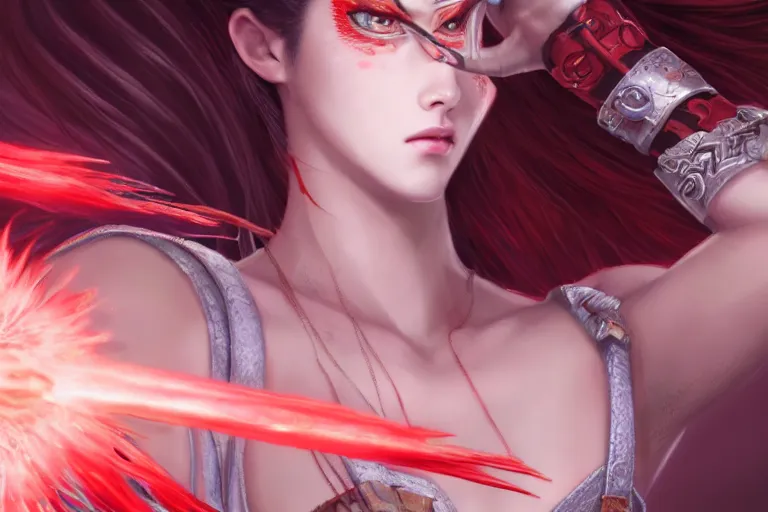 Image similar to beautiful girl holding a ego sword with red eye imprint at the top of clouds, extremely detailed and beautiful aesthetic face, seductive pose, super detailed eyes, highly detailed, digital painting, highlight scene of the movie, smooth, illustration, unreal engine 5, 8 k, art by hiroaki samura and jiro matsumoto and yusuke murata