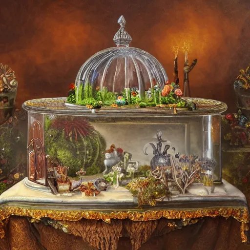 Prompt: a still life painting of a miniature tabletop cemetery under an ornate glass dome, by paulette tavormina and janet fish, on a sumptuous tablecloth, extremely detailed, dramatic lighting, smooth sharp focus, featured on artstation