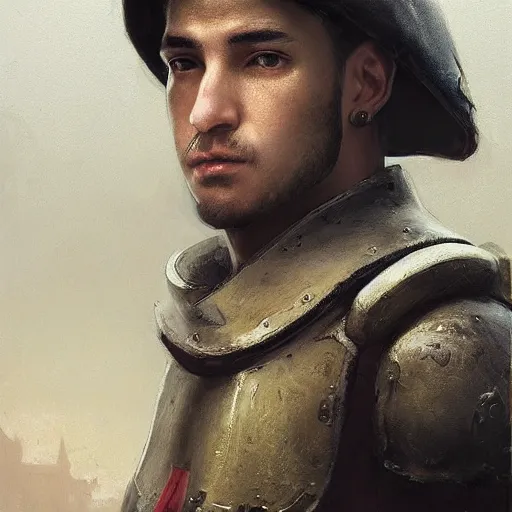 Image similar to Medium closeup young idealistic and pious homely male Imperial soldier wearing a black tabard with light yellow accents over a gambeson and a small!!! barbut helm, by Raymond Swanland Greg Rutkowski Lise Deharm, {perfect face}, {perfect eyes}