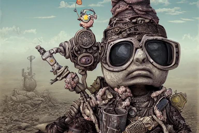 Image similar to a highly detailed forgotten garden gnome wearing goggles and head scarf surviving in a vast barren desert, hopeless wasteland background with a relentless raging sun overhead, post - apocalyptic road warrior vibe, dynamic pose, an ultrafine detailed painting by joe fenton, trending on deviantart, pop surrealism, whimsical, lowbrow, perfect symmetrical face, sharp focus, octane, masterpiece